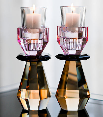 Modern Cut Tea-Light & Candle Holder in Pink/Amber