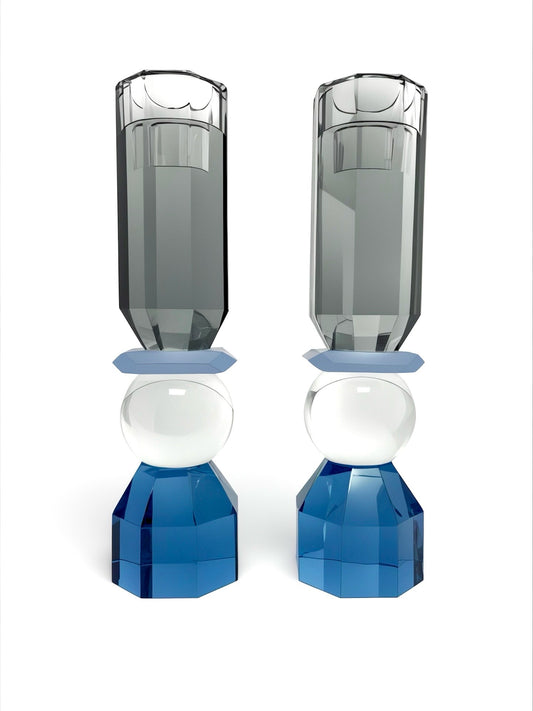 Modern Cut Candle Sticks (Tall)  in Cobalt/ Smoke