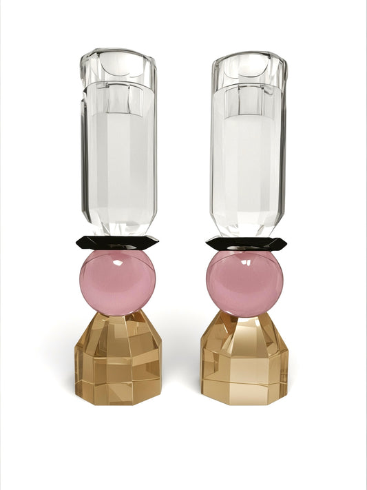Modern Cut Candle Sticks (Tall)  in Pink/ Amber