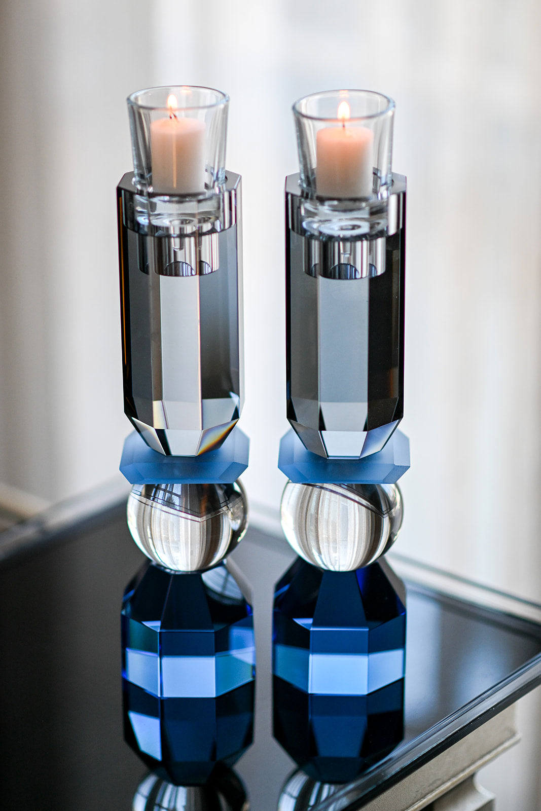 Modern Cut Tall Candle Sticks in Cobalt/ Smoke