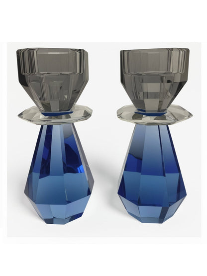 Modern Cut Candle Holder in Cobalt/ Smoke