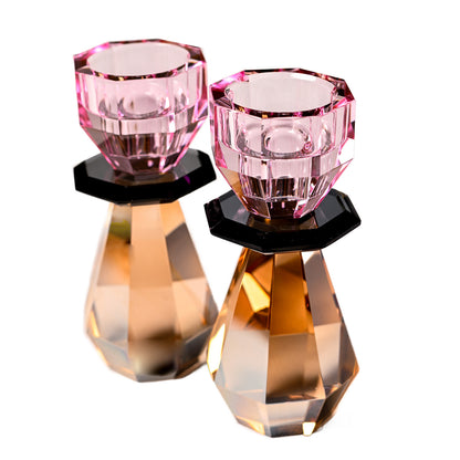 Modern Cut Tea-Light & Candle Holder in Pink/Amber