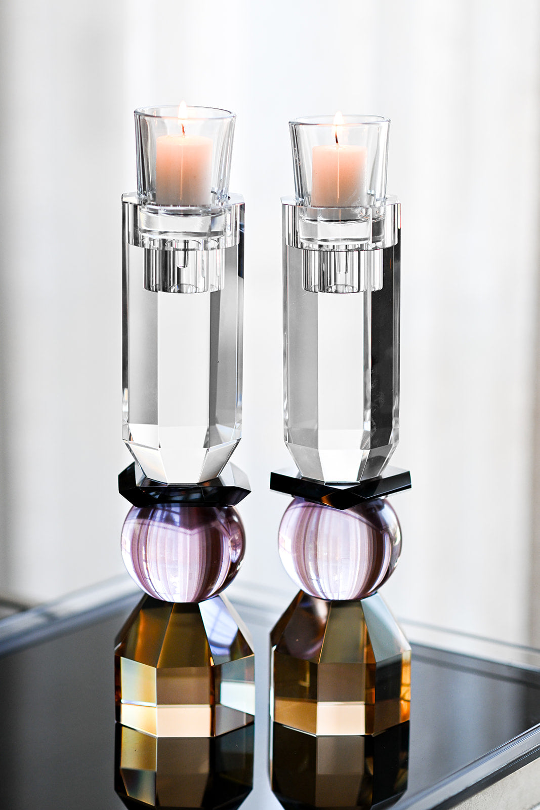 Modern Cut Tall Candle Sticks in Pink/ Amber