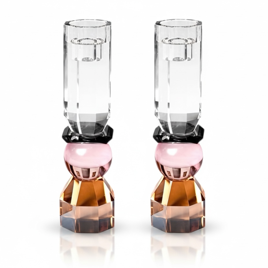 Modern Cut Tall Candle Sticks in Pink/ Amber