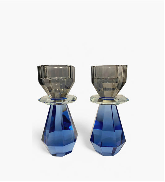 Modern Cut Candle Holder in Cobalt/ Smoke